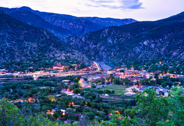 Glenwood Springs Colorado at Dusk - Springtime summer view from mountains of scenic historic town in western Colorado, USA.
