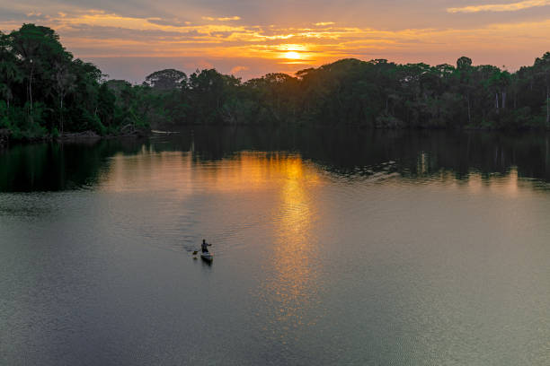 Indigenous Quechua man riding a canoe at sunrise, Amazon Rainforest, Yasuni national park, Ecuador.