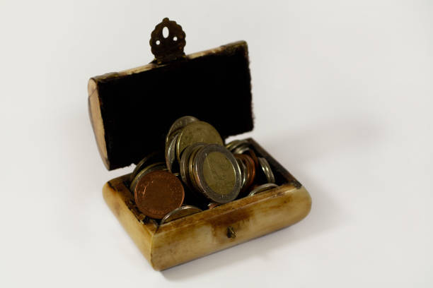 Opened Chest from Gold and Silver with Gold Coins Isolated on White Background. 3D Illustration. File with Clipping Path.