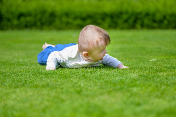 Baby boy playing in his backyard playground in the summer