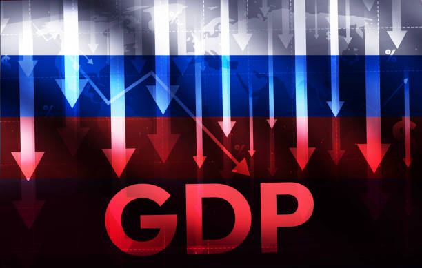 istock Russian Economy facing decline in GDP concept backdrop with typography and arrows going down. Finance and business background with waving flag of Russia 2155632418