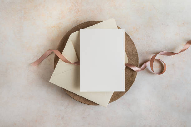 5x7 blank card and envelope mockup top view with ribbon
