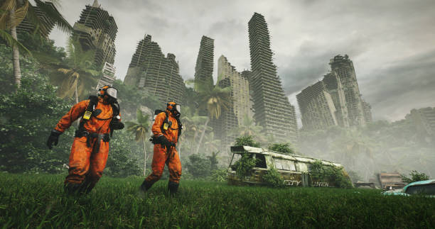 Ruined city by giant insects. Apocalyptic fantasy concept. 3D rendering