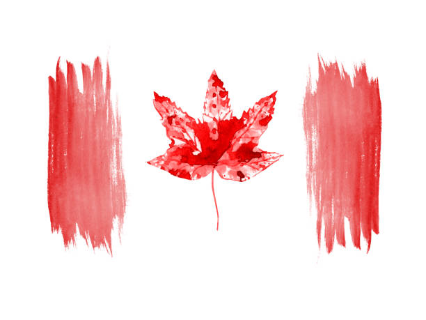 istock Maple leaf and splashes in red colors. Happy Canada Day. 1 July greeting card. Celebration composition. Hand painted brush strokes. Watercolor illustration isolated on white background. 2155633855