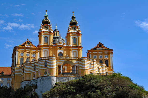 Melk, Austria, Oct. 4, 2023: Historic Melk Abbey, a Wachau Valley landmark, sits on an outcrop above the Danube River in the town of Melk, Austria. The Benedictine abbey is a popular tourist attraction.
