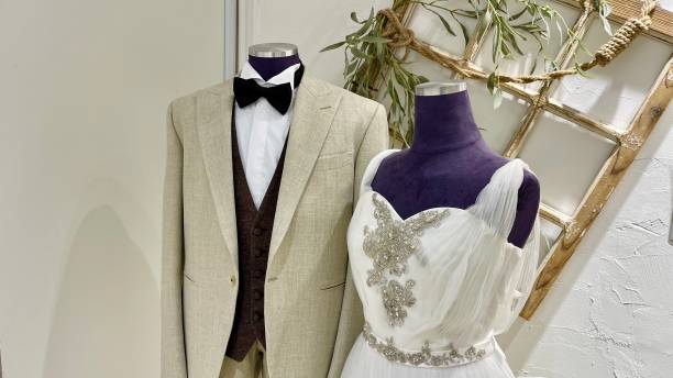 istock Beautiful bride wedding dress and groom suit 2155648128