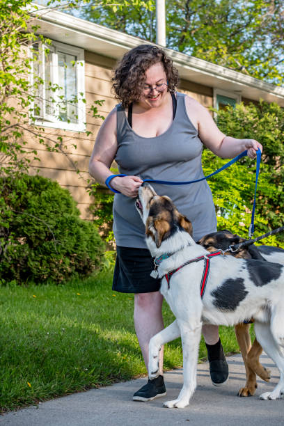 istock training Dogs walking on Sidewalk: Nonbinary Person and hispanic partner 2155652278