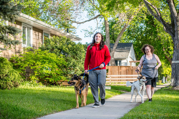 istock training Dogs walking on Sidewalk: Nonbinary Person and hispanic partner 2155652289