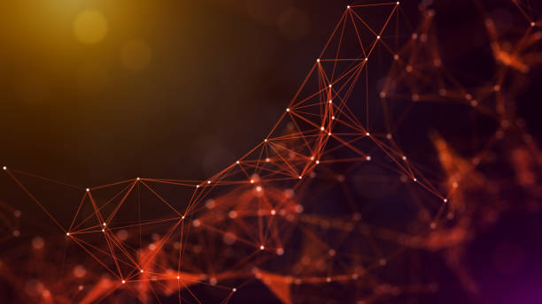 istock Abstract Inspiring Yellow and Purple Light Flares with Plexus Random Connected Lines, Dots, and Triangles Wireframe, Flying Blurry Hazy Glitter Bokeh 2155664296