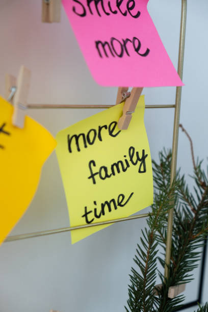 istock MORE FAMILY TIME goal on Vision board with new year resolutions aims on sticky notes. Preparation for New Year. Planning and setting goals for personal development 2155669342