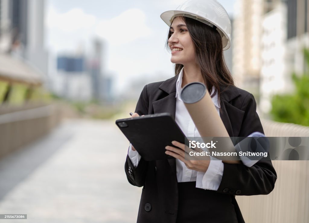 Building Developer Woman Female Property Development Engineer Holds Blueprint And Plan ...