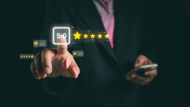 istock Customer Experience Concept, Best Excellent Services for Satisfaction present by Opened Hand of Client giving a Five Star Rating 2155675602