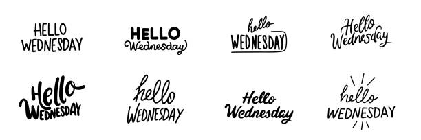 Collection of Hello Wednesday text lettering. Collection of Hello Wednesday text lettering. Hand drawn vector art. monday morning backgrounds stock illustrations