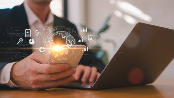 istock Business global internet connection application technology and digital marketing, Financial and banking, Digital link tech, big data, Businessman using mobile smart phone and computer laptop and icon 2155678363