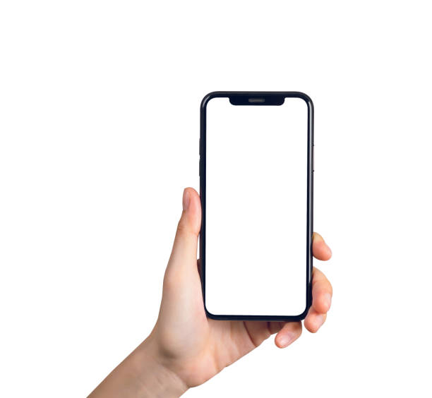 istock Hand holding smartphone mockup of blank screen for graphic display montage. 2155679406