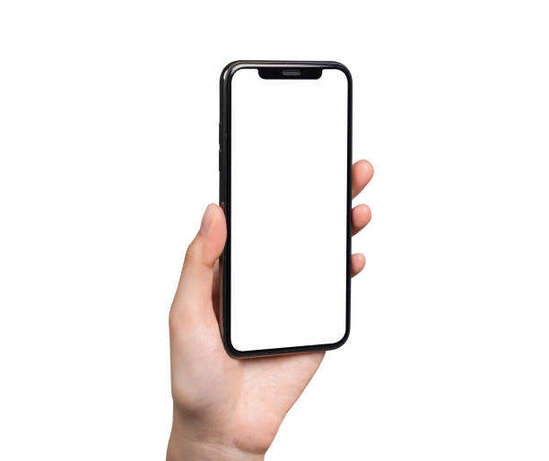 istock Hand holding smartphone mockup of blank screen for graphic display montage. 2155679416
