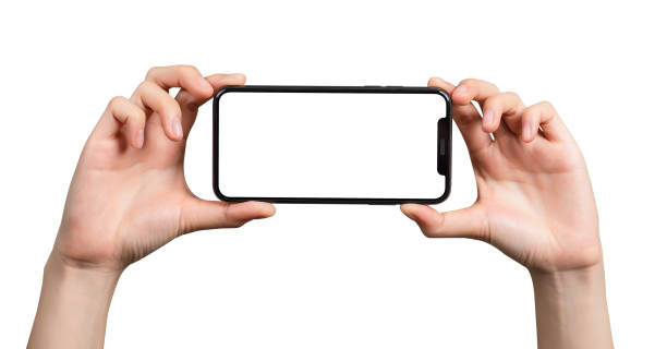 istock Hand holding smartphone mockup of blank screen for graphic display montage. 2155679417