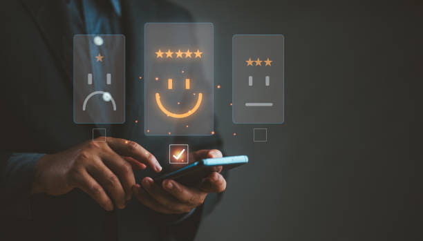 istock Businessman choosing on the happy Smile face, positive mindset selection. Customer service and Satisfaction concept, review, feedback, the best quality, Mental health and emotional state concept. 2155681930