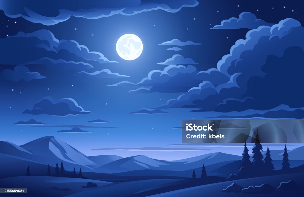 Peisaj nocturn cu lună plină - vector de stoc Lună - Spațiu fără redevențe Peisaj nocturn cu lună plină - vector de stoc Lună - Spațiu fără redevențe