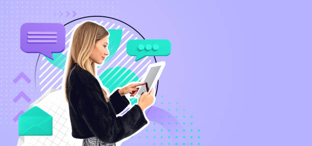 istock Smiling woman finger touch tablet, colorful speech bubbles and copy space 2155684254