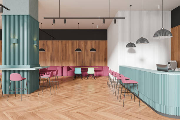 istock Bright cafe interior with bar island and dining space with chairs and couch 2155684421
