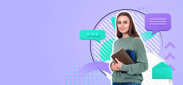 istock Smiling woman with books and speech bubbles, copy space 2155684571