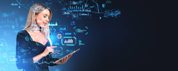 istock Businesswoman with tablet finger touch big business data dashboard, copy space 2155684683