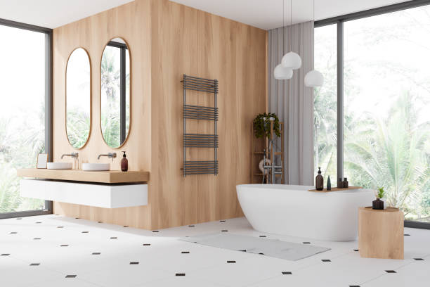 istock Wooden bathroom corner with tub and double sink 2155684696