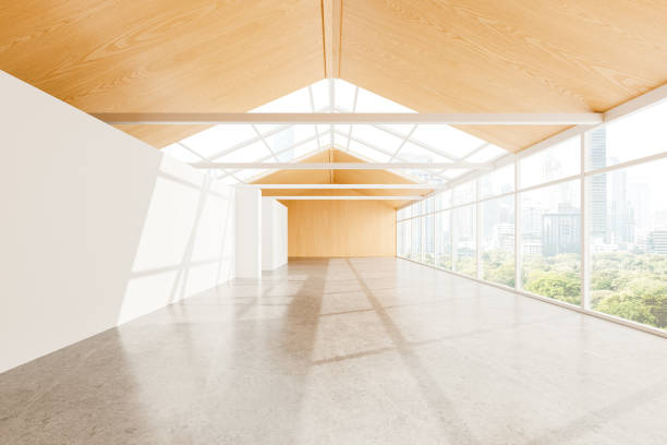 istock Spacious minimalist room with wooden ceiling and large windows, cityscape background, concept of modern living, bright environment.  3D Rendering 2155684753