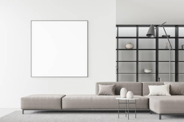 istock Stylish home relax room interior couch and lamp, mockup frame 2155685033