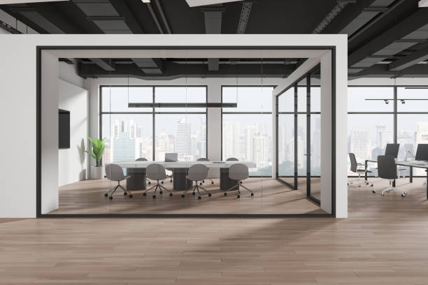 istock Business interior with glass conference and coworking space, panoramic window 2155685657