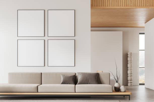 istock Home living room interior couch with decoration, window and mockup frames 2155685744