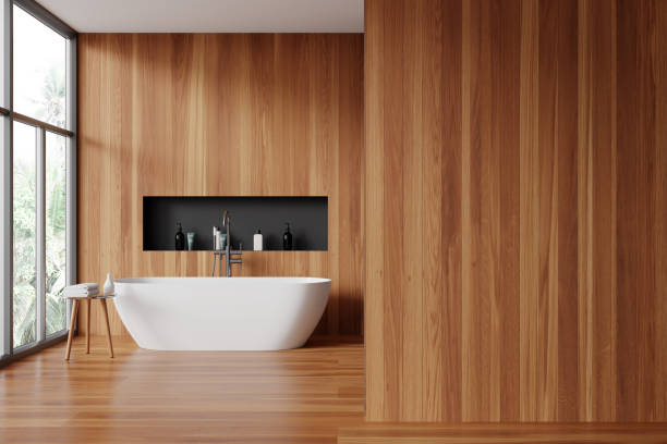 istock Wooden bathroom interior with tub and blank wall 2155685890