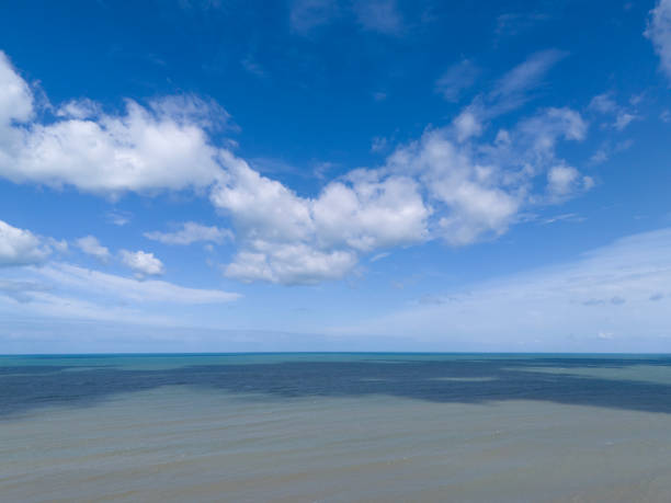 Empty tropical beach view on hot summer holiday. Seascape with blue sky background.