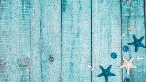 istock summer vacation on beach. Top view composition of starfish on blue background 2155688240