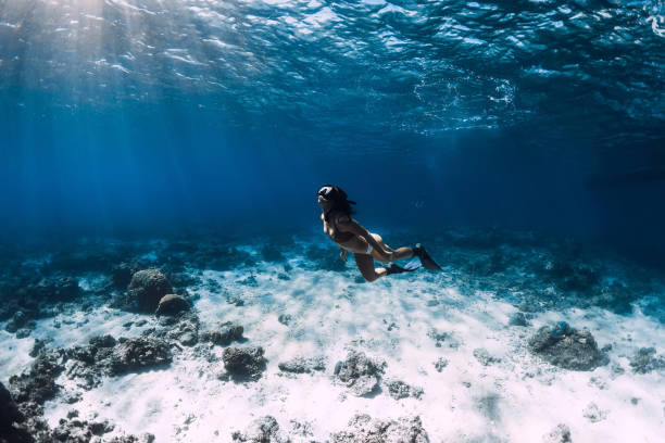 istock Freediver glides underwater in blue ocean with sun rays 2155692686
