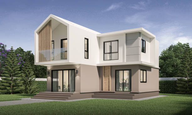 istock Modern house exterior day light with lawn grass.3d rendering 2155696919
