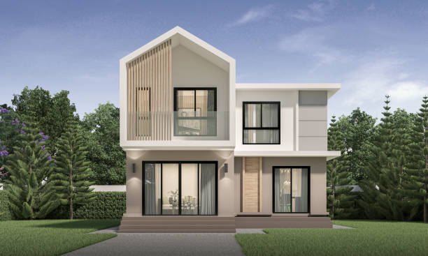 istock Modern house exterior day light with lawn grass.3d rendering 2155696923