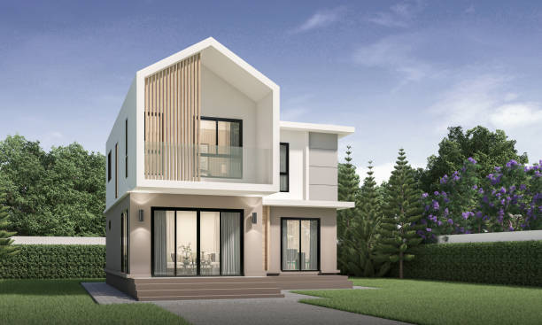 istock Modern house exterior day light with lawn grass.3d rendering 2155696924