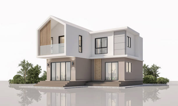 istock Architecture 3d rendering illustration of modern minimal house on white background 2155697116