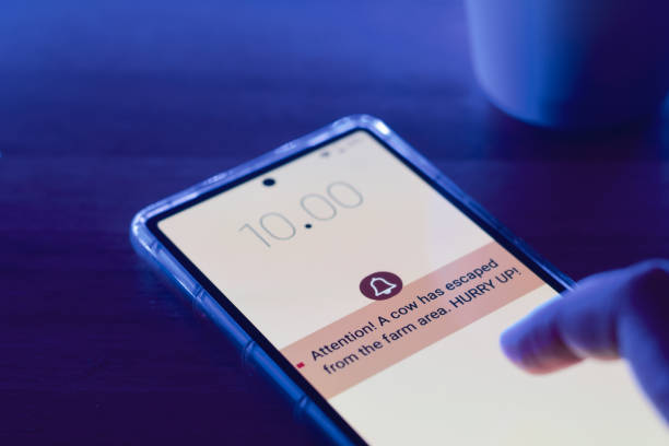 istock Notification about cow escaping from the farm area on mobile phone. Location tracking monitoring animals by applying geofencing technology concept. 2155697727