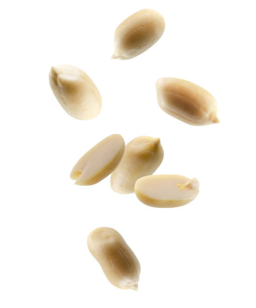 istock Shelled whole and half peanuts fall in space. Volumetric back light. Isolated on white 2155698070