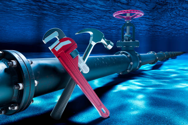 istock Repair of pipeline lying on ocean bottom underwater. 3D rendering 2155699670