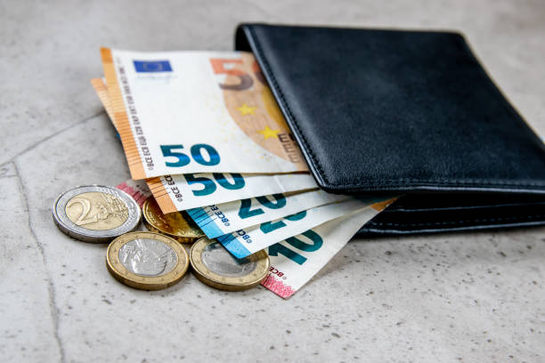 Leather partmone with european money. Bills and coins in black wallet for commerce concept.