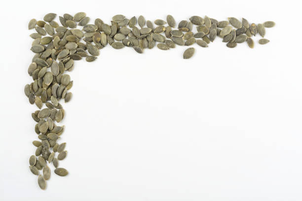 Peeled pumpkin seeds on white background, composition as a frame