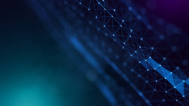 istock Abstract Futuristic Blue and Violet Light Flares with Plexus Wavy Connected Lines, Dots, and Triangles Wireframe, Flying Blurry Hazy Glitter Bokeh 2155703938