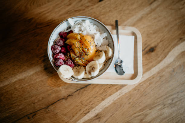 freshness fruit  bowl in cafe on wooden table