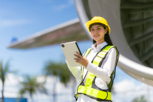 istock Airplane engine repair technician, aerospace engineering woman, engine inspection, maintenance technician 2155713193