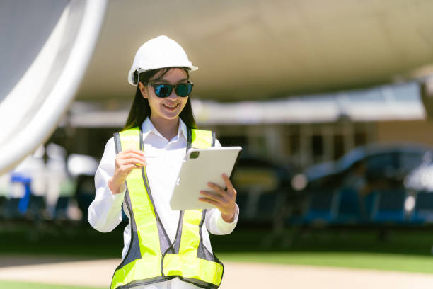 istock Airplane engine repair technician, aerospace engineering woman, engine inspection, maintenance technician 2155713197