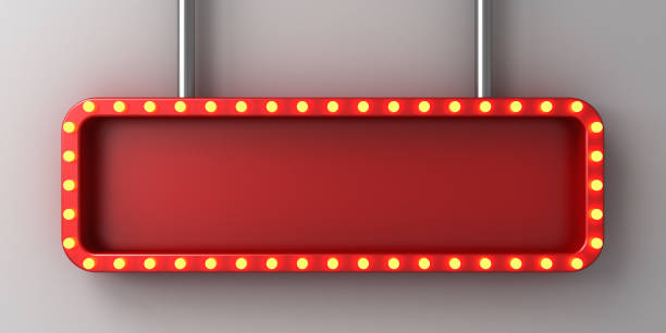 istock Hanging blank red long sign banner or retro billboard display box or blank long red signboard with glowing yellow neon light bulbs isolated on dark white wall background with shadow 3D rendering 2155720887